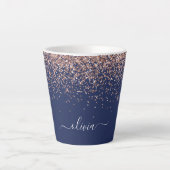 Navy Blauwe Roze Gouden Glitter Monogram Latte Mok (Voorkant)