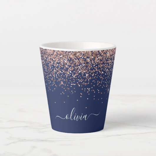 Navy Blauwe Roze Gouden Glitter Monogram Latte Mok (Voorkant)