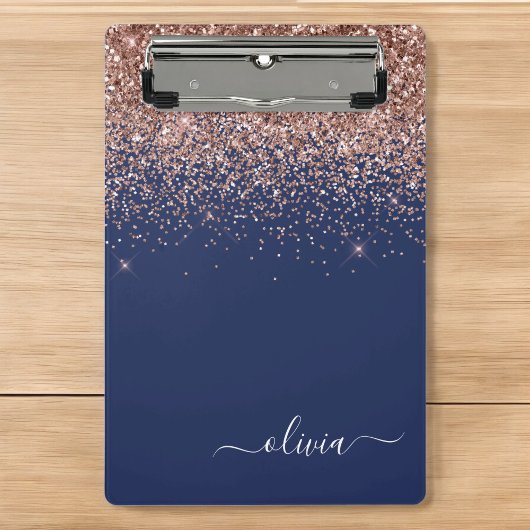 Navy Blauwe Roze Gouden Glitter Monogram Mini Klembord