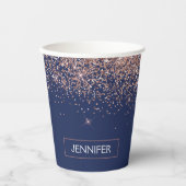 Navy Blauwe Roze Gouden Glitter Monogram Papieren Bekers (Voorkant)