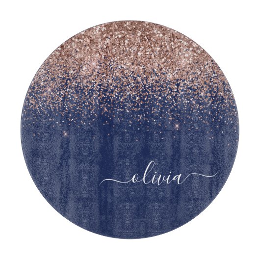 Navy Blauwe Roze Gouden Glitter Monogram Snijplank (Voorkant)