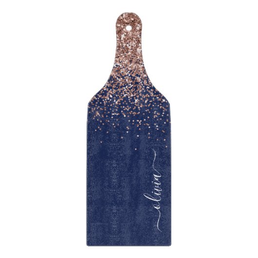Navy Blauwe Roze Gouden Glitter Monogram Snijplank (Voorkant)