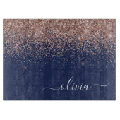 Navy Blauwe Roze Gouden Glitter Monogram Snijplank (Voorkant)