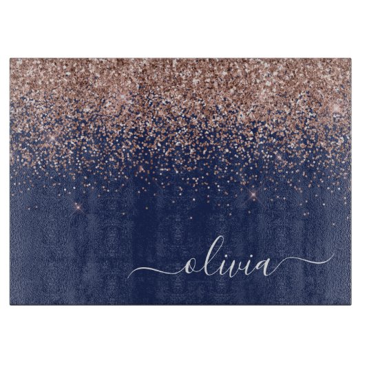 Navy Blauwe Roze Gouden Glitter Monogram Snijplank (Voorkant)