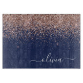 Navy Blauwe Roze Gouden Glitter Monogram Snijplank (Voorkant)
