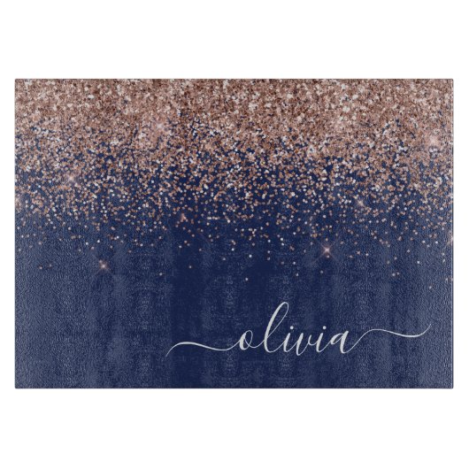 Navy Blauwe Roze Gouden Glitter Monogram Snijplank (Voorkant)