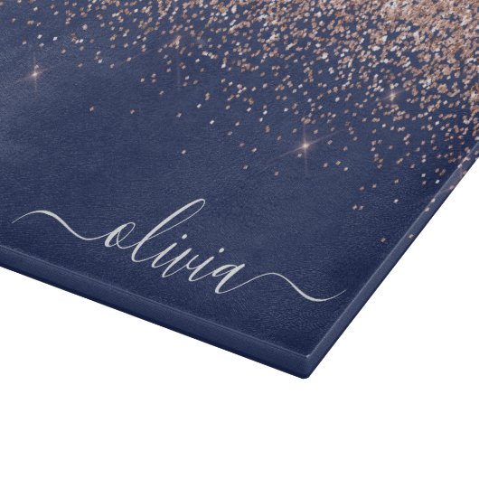 Navy Blauwe Roze Gouden Glitter Monogram Snijplank (Hoek)