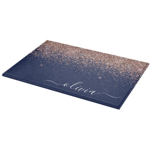 Navy Blauwe Roze Gouden Glitter Monogram Snijplank (Hoek)