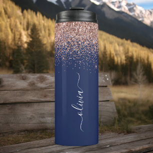 Navy Blauwe Roze Gouden Glitter Monogram Thermosbeker