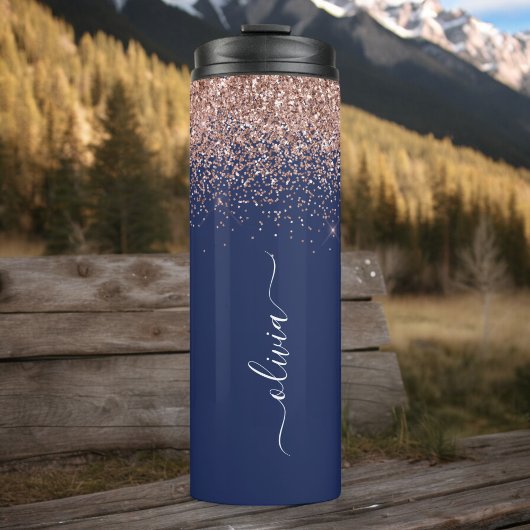 Navy Blauwe Roze Gouden Glitter Monogram Thermosbeker