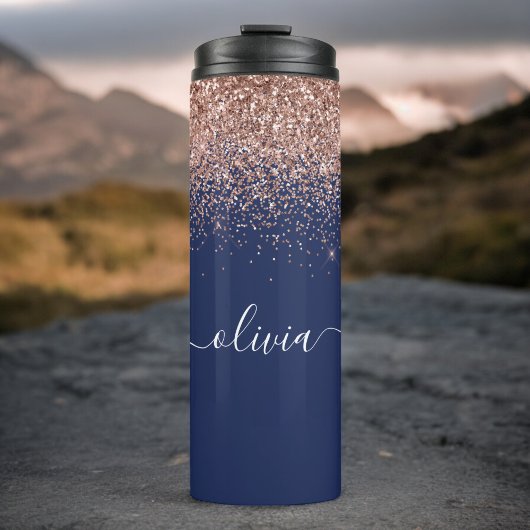 Navy Blauwe Roze Gouden Glitter Monogram Thermosbeker