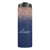 Navy Blauwe Roze Gouden Glitter Monogram Thermosbeker (Voorkant)