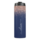 Navy Blauwe Roze Gouden Glitter Monogram Thermosbeker (Voorkant)
