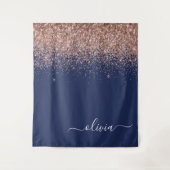 Navy Blauwe Roze Gouden Glitter Monogram Wandkleed (Voorkant)
