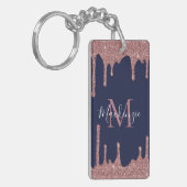 Navy Blauwe Roze Gouden Glitterdruppels Monogram F Sleutelhanger (Voorkant Links)