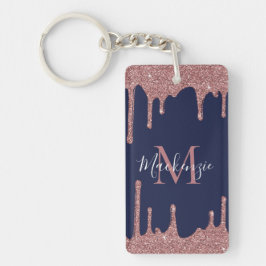 Navy Blauwe Roze Gouden Glitterdruppels Monogram F Sleutelhanger