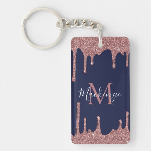 Navy Blauwe Roze Gouden Glitters Glans Monogram Fo Sleutelhanger (Voorkant)