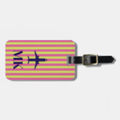 Navy Blauwe Roze Lime Vliegtuig Gestreept Monogram Bagagelabel (Voorkant horizontaal)