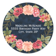 Navy Blauwe Roze Rode Bloem Motief Envelope Adres