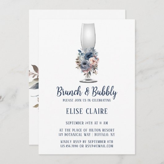 Navy Blauwe Roze Rozen Brunch & Bubbels Kaart (Voorkant / Achterkant)