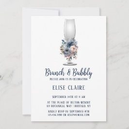 Navy Blauwe Roze Rozen Brunch & Bubbels Kaart