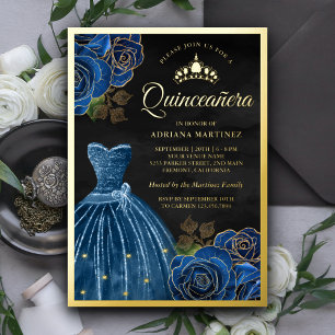 Navy Blauwe Rozen Jurk Zwarte Quinceanera Goud Folie Uitnodiging