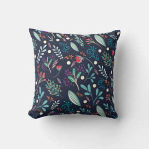 Navy Blauwe Rustieke Bloem Folk Art Patroon Kussen