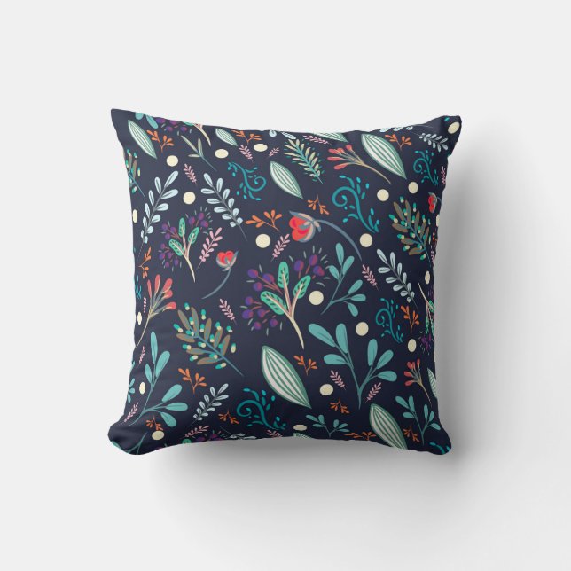 Navy Blauwe Rustieke Bloem Folk Art Patroon Kussen (Voorkant)