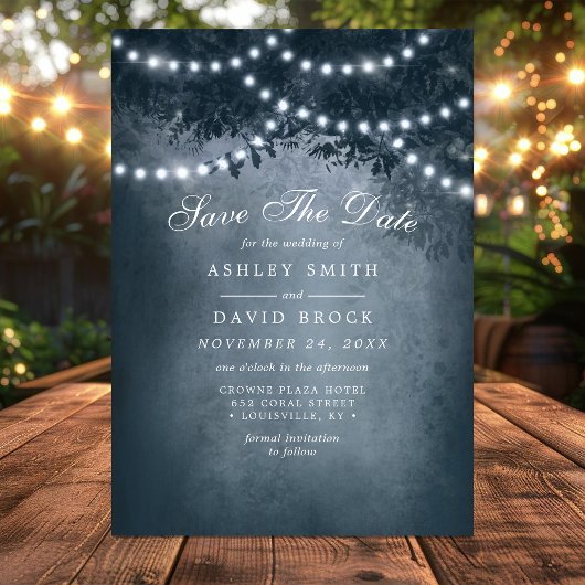 Navy Blauwe Rustieke Boomlichtjes Save the Date