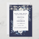Navy Blauwe Rustieke Slingerlichten Bloem Foto Save The Date (Voorkant)