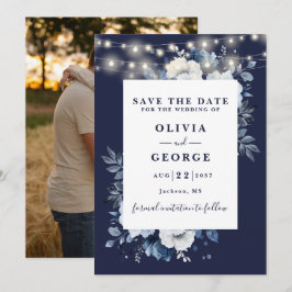 Navy Blauwe Rustieke Slingerlichten Bloem Foto Save The Date