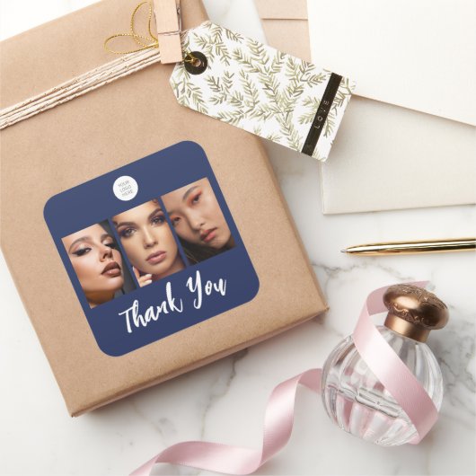 Navy Blauwe Script Logo Foto Make-up Bedankt Vierkante Sticker (Geschenken)