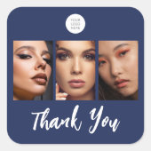 Navy Blauwe Script Logo Foto Make-up Bedankt Vierkante Sticker (Voorkant)