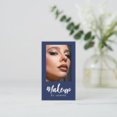 Navy Blauwe Script Logo QR Code Foto Make-up Visitekaartje (Staand voorkant)