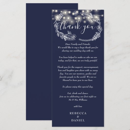 Navy Blauwe Slingerlichten Bedankkaart Menu (Voorkant / Achterkant)