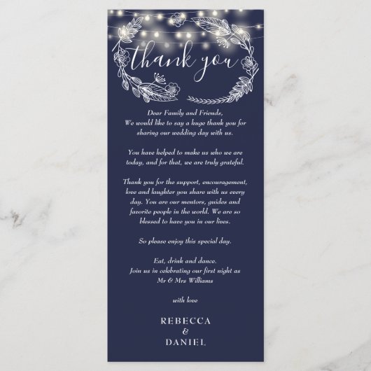 Navy Blauwe Slingerlichten Bedankkaart Menu (Voorkant)