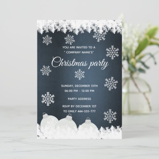 Navy blauwe sneeuwvlokken bedrijfskerstfeest kaart (Staand voorkant)