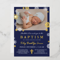 Navy Blauwe Sneeuwvlokken Foto Winter Doop Goud