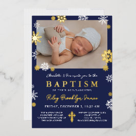 Navy Blauwe Sneeuwvlokken Foto Winter Doop Goud Folie Uitnodiging