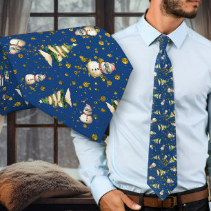 Navy blauwe strand Kerstmis Sneeuwman Patroon stro Stropdas