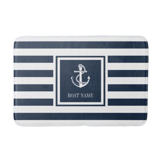 Navy Blauwe Streep Bootnaam Nautilsche Anker Badmat (Voorkant)