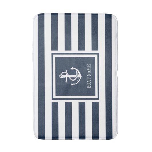 Navy Blauwe Streep Bootnaam Nautilsche Anker Badmat (Voorkant Verticaal)