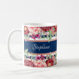 Navy Blauwe Streep Bourgondië Floral Gepersonalise Koffiemok
