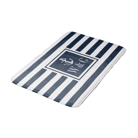 Navy-blauwe streep Monogram Beginletters Scheepsan Badmat (Gekanteld)
