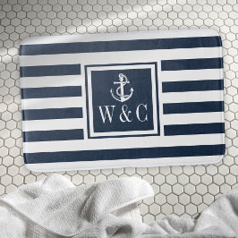 Navy Blauwe Streep Monogram Eerste Letters Nautilu Badmat