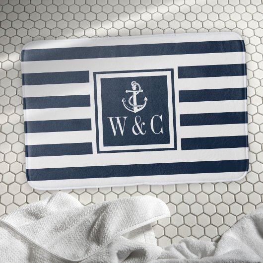 Navy Blauwe Streep Monogram Eerste Letters Nautilu Badmat