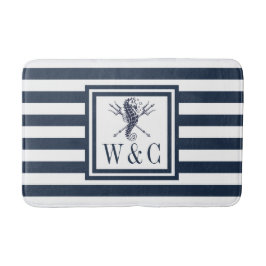 Navy Blauwe Streep Monogram Nautilus Zeepaard Bad  Badmat