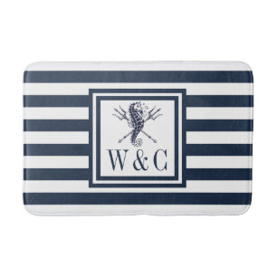 Navy Blauwe Streep Monogram Nautilus Zeepaard Bad Badmat