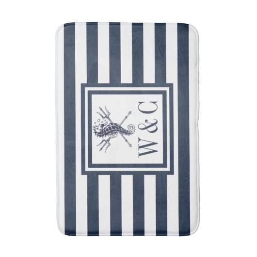 Navy Blauwe Streep Monogram Nautilus Zeepaard Bad Badmat (Voorkant Verticaal)