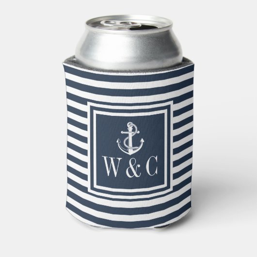Navy-blauwe streep scheepsanker monogram blikjeskoeler (Blikje Achterkant)